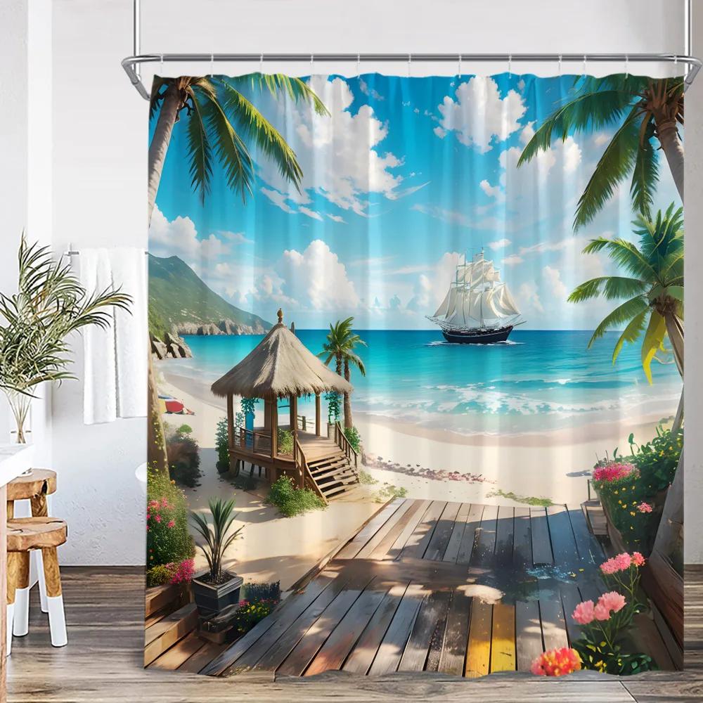 Beach Shower Curtain Seaside Landscape Coconut Tree Sea Summer Vacation Bathroom Decor Holiday Polyester Bath Curtain with Hook