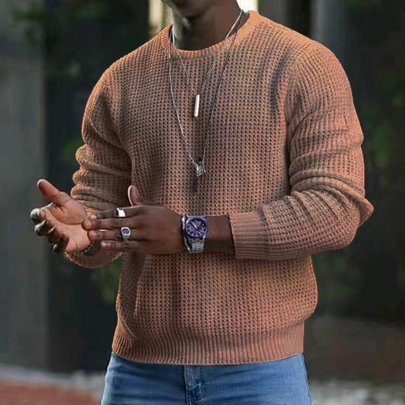 Autumn and Winter New Cotton Sports Men's Solid Color Waffle Crew Neck Pullover Knitted Sweater Tide