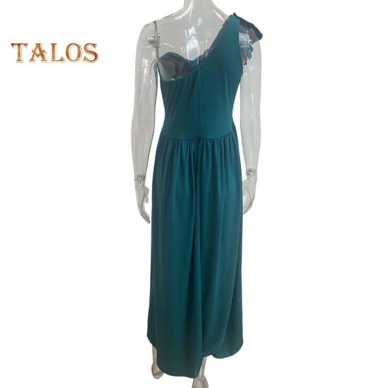 Dámské večerní šaty nařasené na jednom rameni plisované s vysokým pasem jednobarevné bez rukávů střih do A s velkým lemem Prom Cocktail Party Maxi společenské společenské šaty