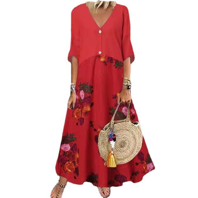 V-neck Short-Sleeve Printed Long Button-Up Casual Dress