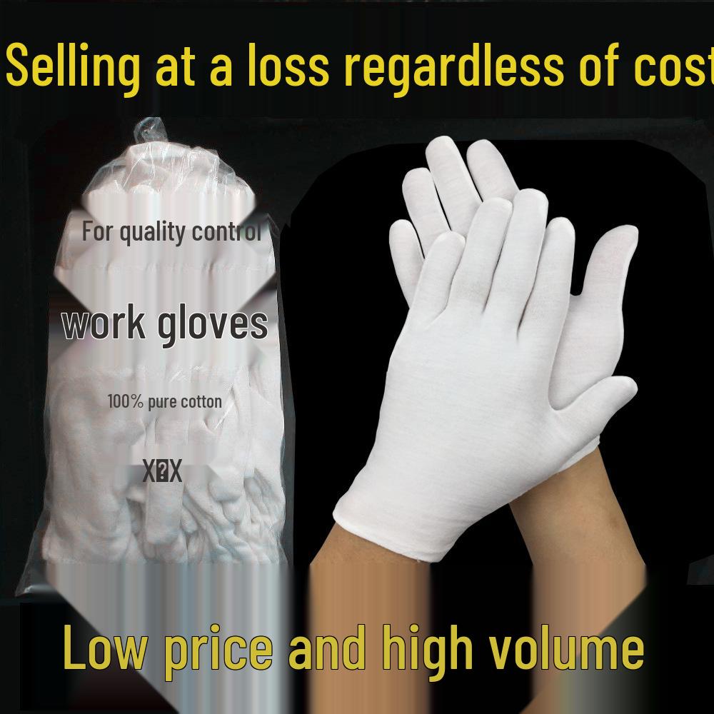White Pure Cotton Gloves for Work, Etiquette, Cultural Play, and Bead Polishing Thin One Size (Single)