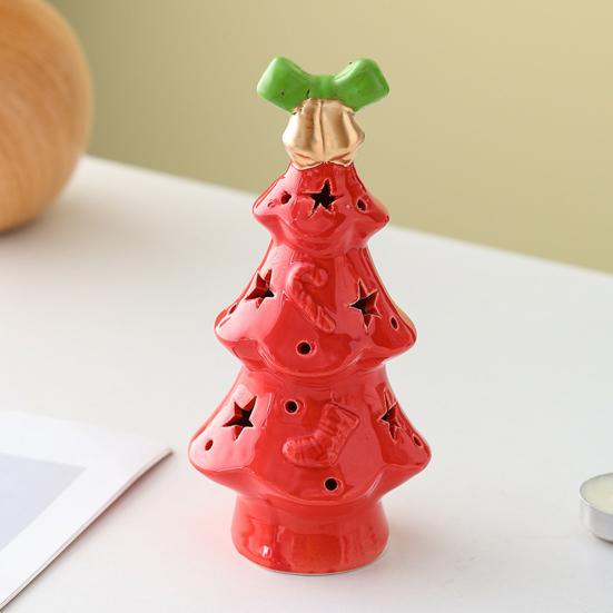 Ceramic Christmas Tree Night Light Glowing Decorative Lamp with Star Topper Xmas Tree Figurines for Holiday Home Decor