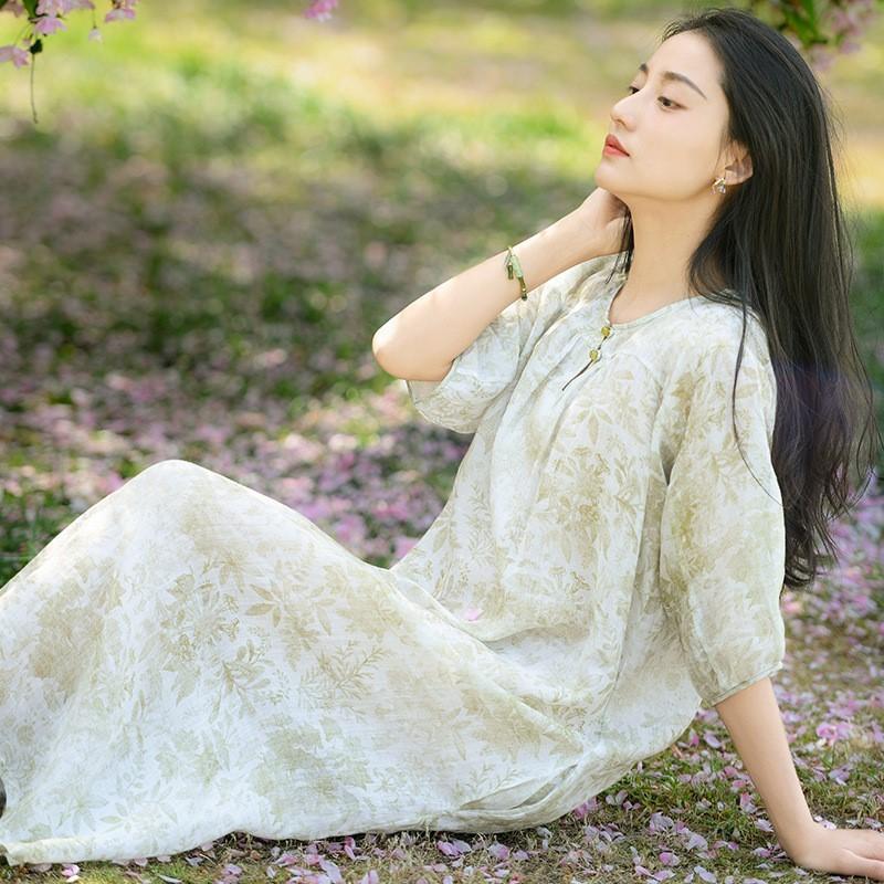 Johnature Women Vintage Print Floral Summer Dresses O-Neck Half Sleeve Robes Soft Chinese Style Button Dress
