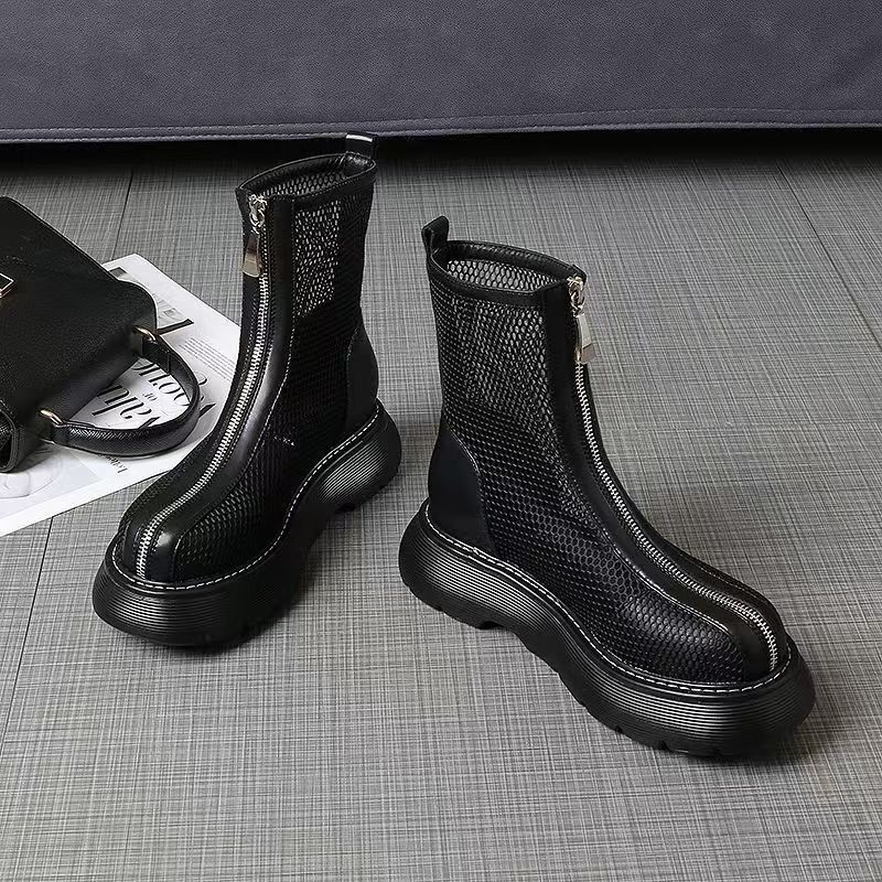 Women's Summer Thick Sole High Top Mesh Boots Block Heel Round Toe Hollow Out Lightweight Breathable Zipper Sandals Cool Boots