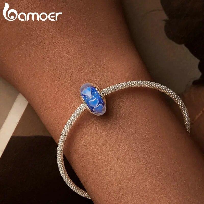 Breloc cu inimă albastră de Murano BAMOER pentru femei Fabricarea de bijuterii Breloc din argint 925 pentru brățară originală Accesorii DIY