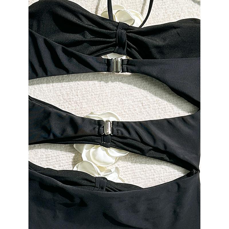 Einfarbige 3D-Blumen Neckholder Rückenfreie Bademode Sexy Einteiliger Badeanzug Damen Bade- Schwimmanzug Tragen Ausgeschnittene Bikinis