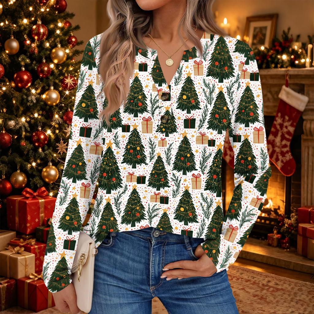 Women's Christmas Print Long Sleeve Shirt Elegant Casual Holiday Top