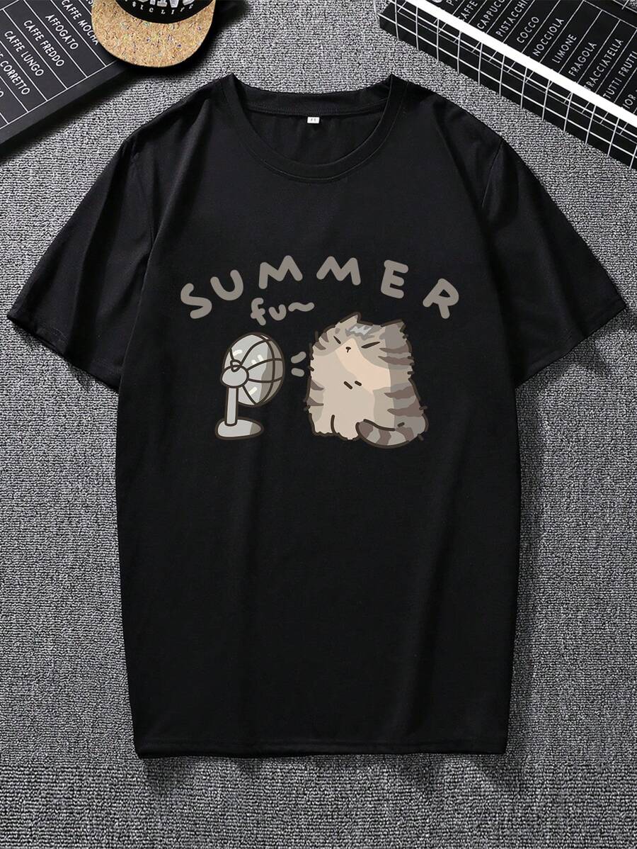 

Unisex Summer Casual Fit Cute Cartoon Cat Graphic Printed Round Neck Drop Shoulder Short Sleeve Casual T-Shirt S