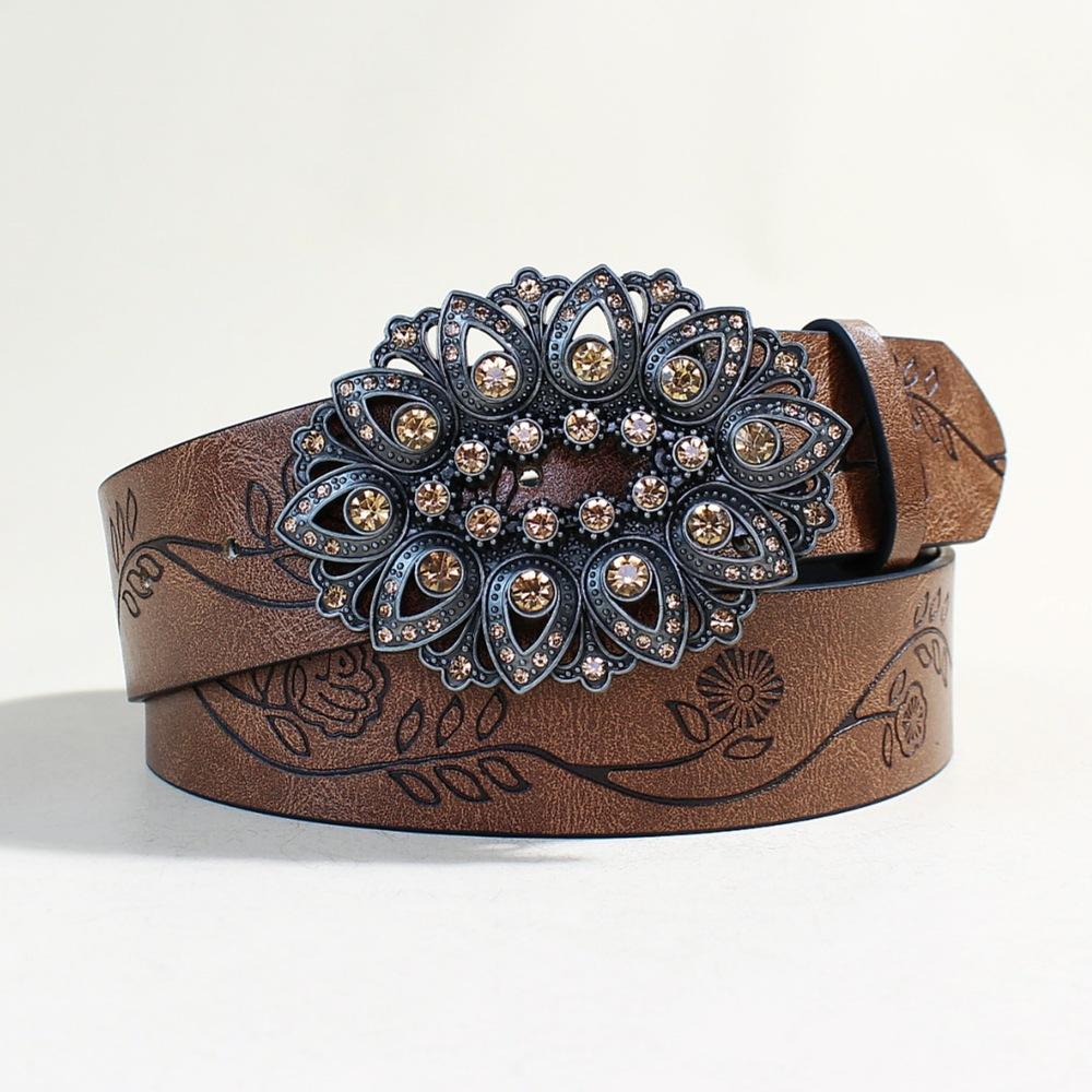 Vintage Belt Women'S Rhinestone Smooth Buckle Belt Decorative Ladies Belt