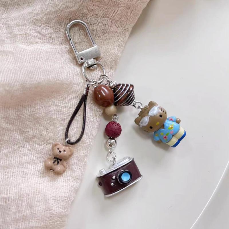 Y2K Vintage Kt Cat Camera Keychain Creative Beaded Keyring Lovely Bag Pendant Decoration Key Accessories Gifts
