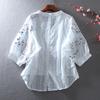 Lace Embroidered V-Neck Slimming Shirt for Women - Summer Casual, High-Waisted, Medium Sleeve