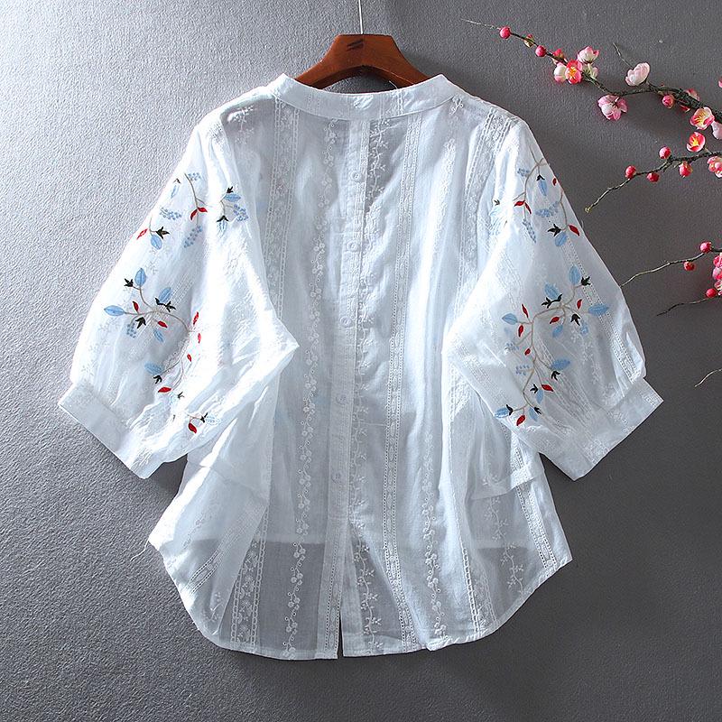Lace Embroidered V-Neck Slimming Shirt for Women - Summer Casual, High-Waisted, Medium Sleeve
