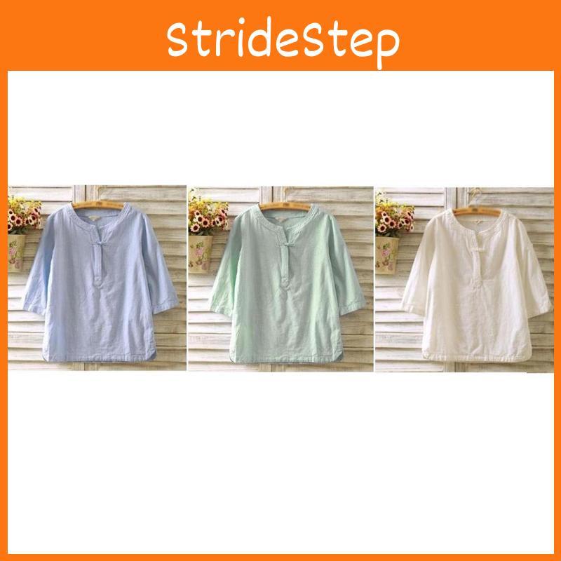 Elegant Women Vintage Cotton Linen Blouse With Flax Loose 3/4 Sleeve Tunic