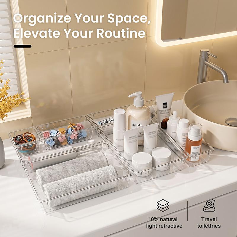 Makeup Organizer Drawer Divider Clear Storage Box Stackable Cosmetic Tray Vanity Sorting Bins Set for Bathroom Desk Jewelry