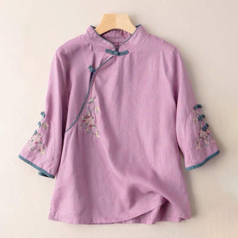 Cotton and Linen Medium-sleeved Embroidery Oblique Placket Disc Buckle Ethnic Style Retro Shirt Female Spring and Summer New Models