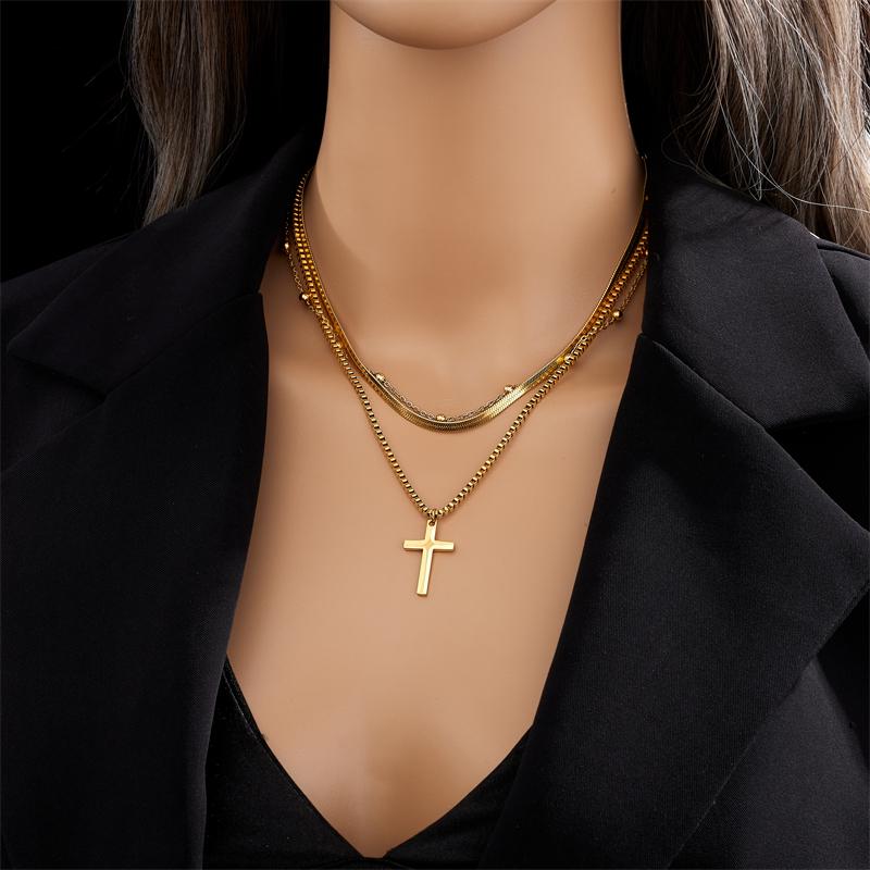 DIEYURO 316L Stainless Steel Gold Color Cross Pendant Necklace For Women New Trend Girls 3in1 Chain Rustproof Jewelry Party Gift
