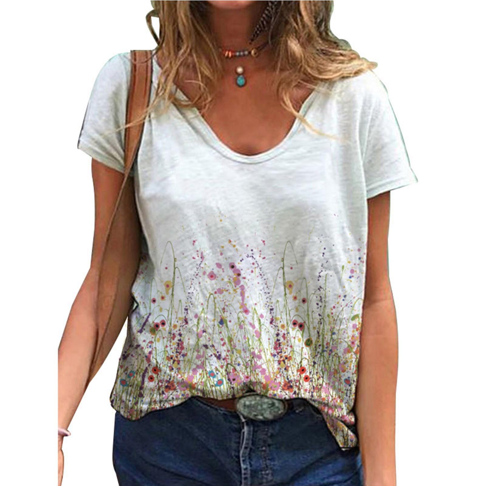 

Fashion Women s Summer Printed Short Sleeve V-Neck T-Shirt Casual Tee Tops XXXL белый