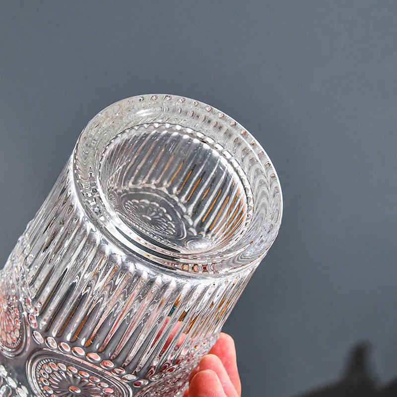 Embossed Sunflower Glass with Golden Rim – Elegant Cup for Juice, Cold Drinks, or Beer