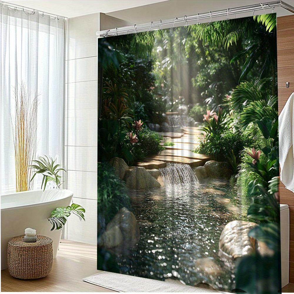 1pc Tropical Garden Shower Curtain - Jungle Bathroom Decor with Waterfall, Large Bath Curtain (70.8x70.8 Inches), Machine Washab