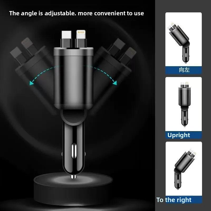 Cargador de coche retráctil con carga rápida, adaptador de 120W con doble cable para dispositivos