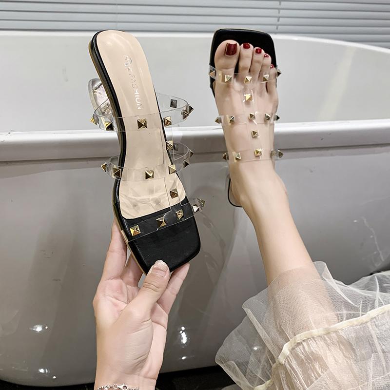 Fashion Transparent Band High Heel Slippers Women 2025 New Rivet Design Square Toe Slides Female Summer Fashion Thick Sole Sandal Mujer