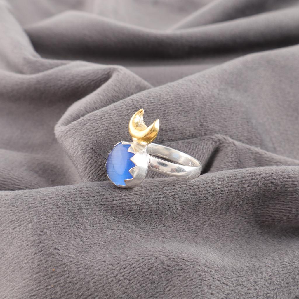 Dark Blue Cat's Eye Gemstone Ring, 925 Solid Sterling Silver Designer Jewelry, Handmade Spiritual Ring Gift For Sister