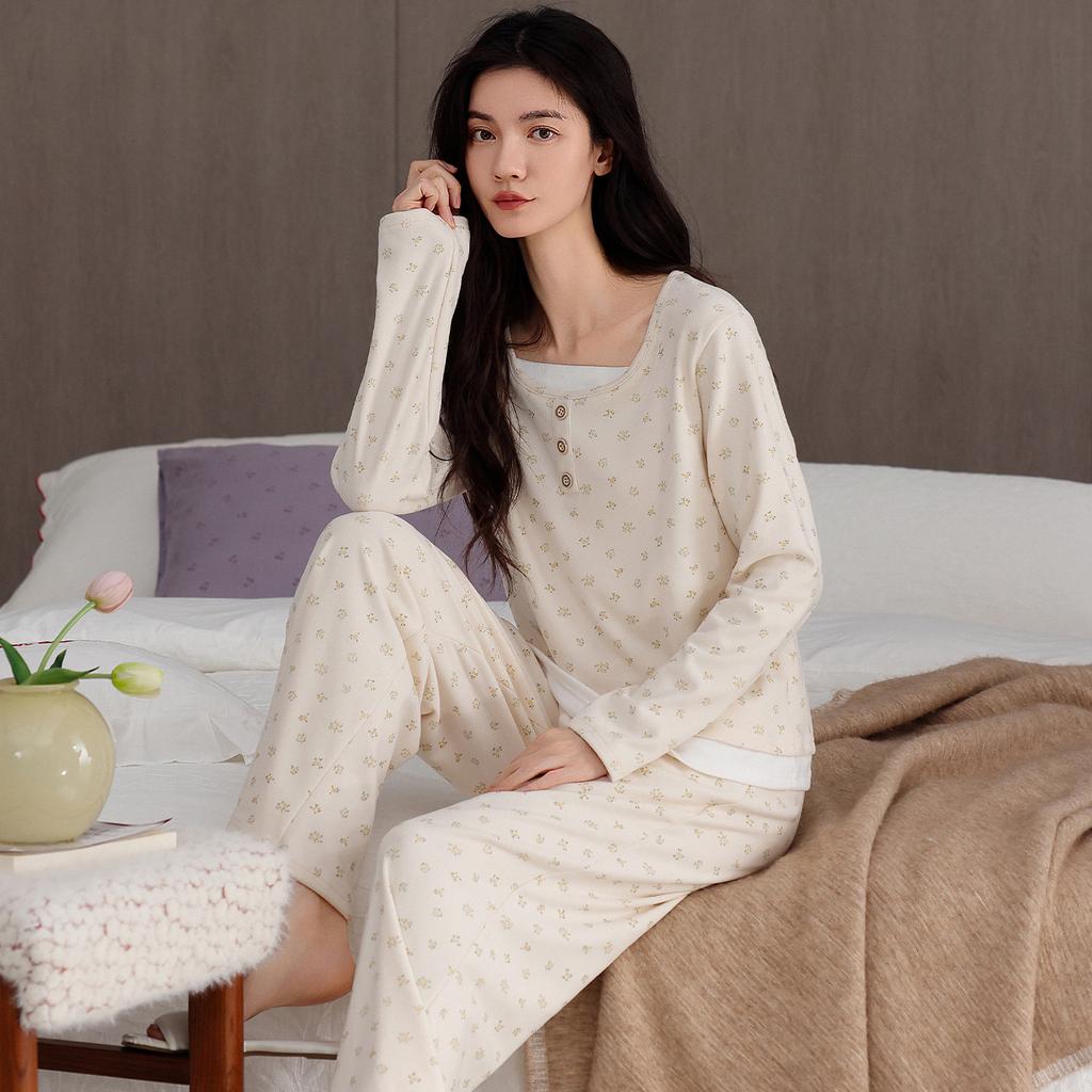 German Velvet Pajamas Women'S Autumn And Winter Thin Velvet Winter Warm Fake Two-Piece Pullover Long-Sleeved Loungewear Set