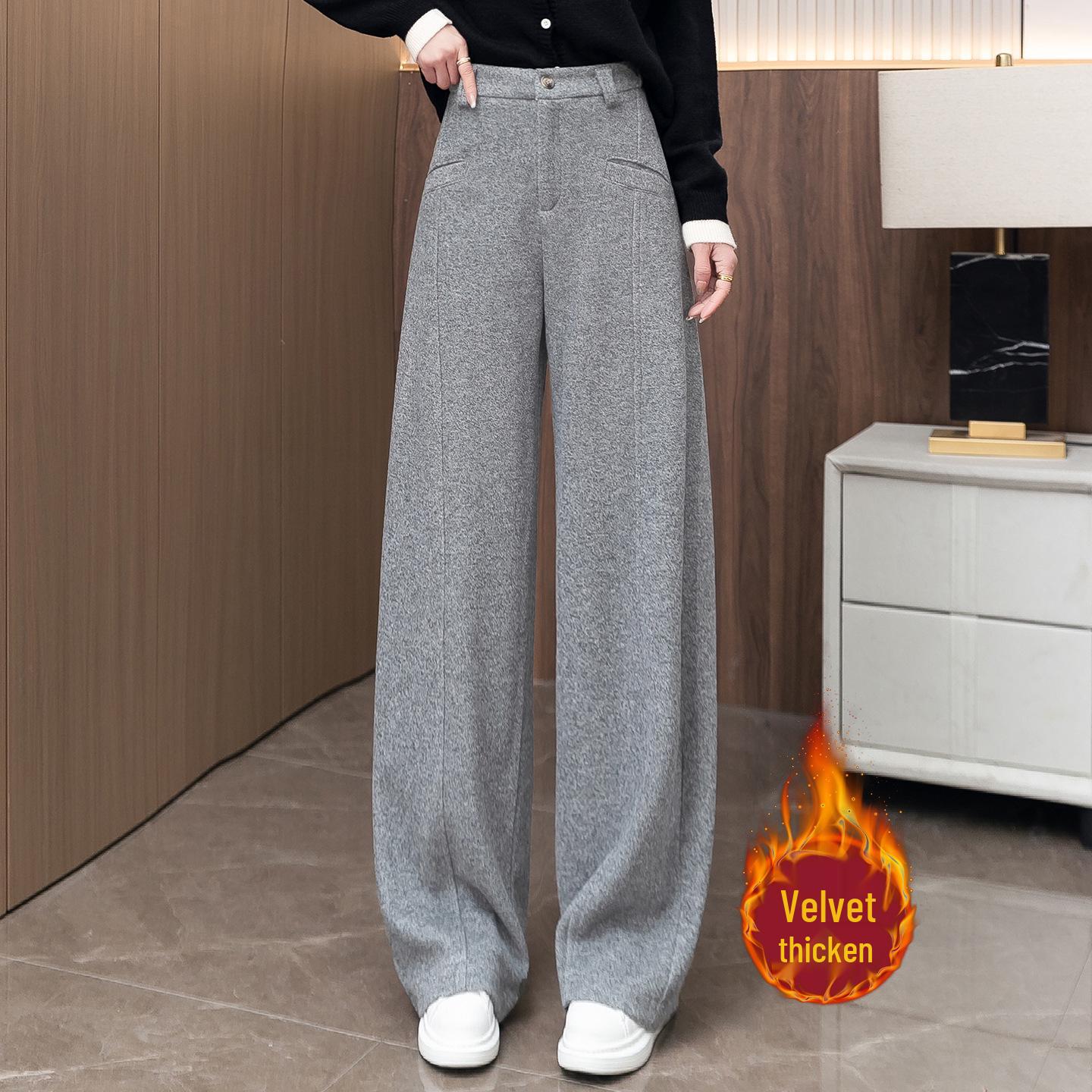

Women s Gray Wool Tweed Wide-Leg Cropped Pants with Velvet Lining - Autumn/Winter New Style 27/M
