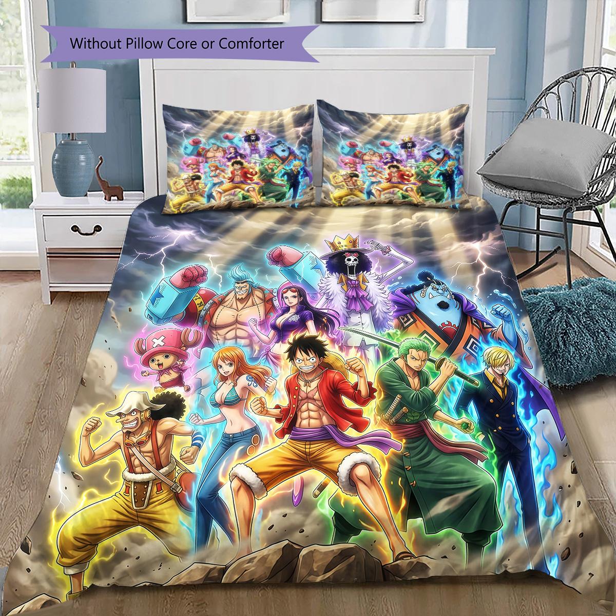 

One Piece Straw Hat Crew Full Bedding Set, 1 Duvet Cover & 2 Pillowcases, Suitable for Home Furnishing, Ideal Gift for Fans 135x200cm