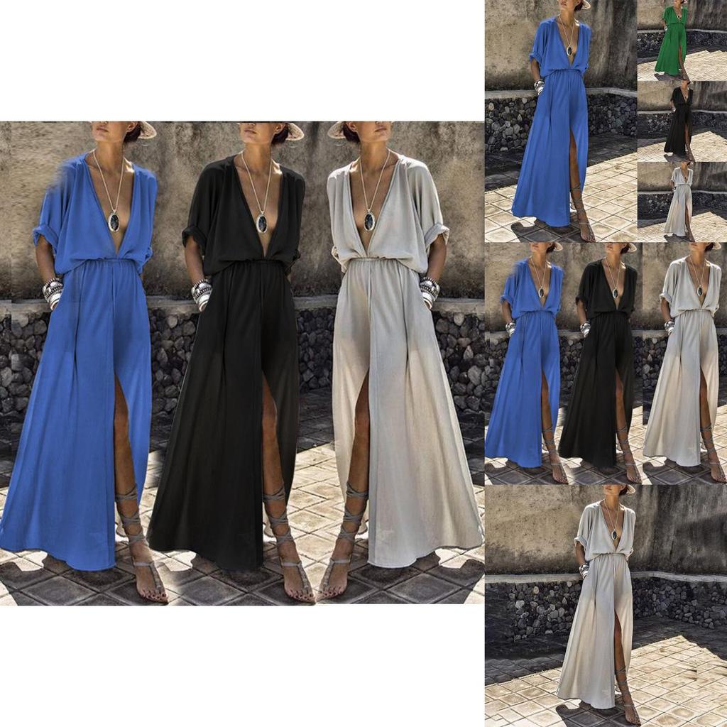 Elegant Women Deep V Neck Maxi Dress With Half Sleeve For Summer Beach Holidays
