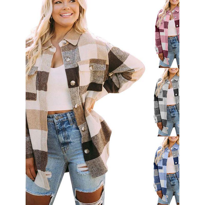 New New Plaid Shirt Single Brewed Jacket Women Woolen Coat