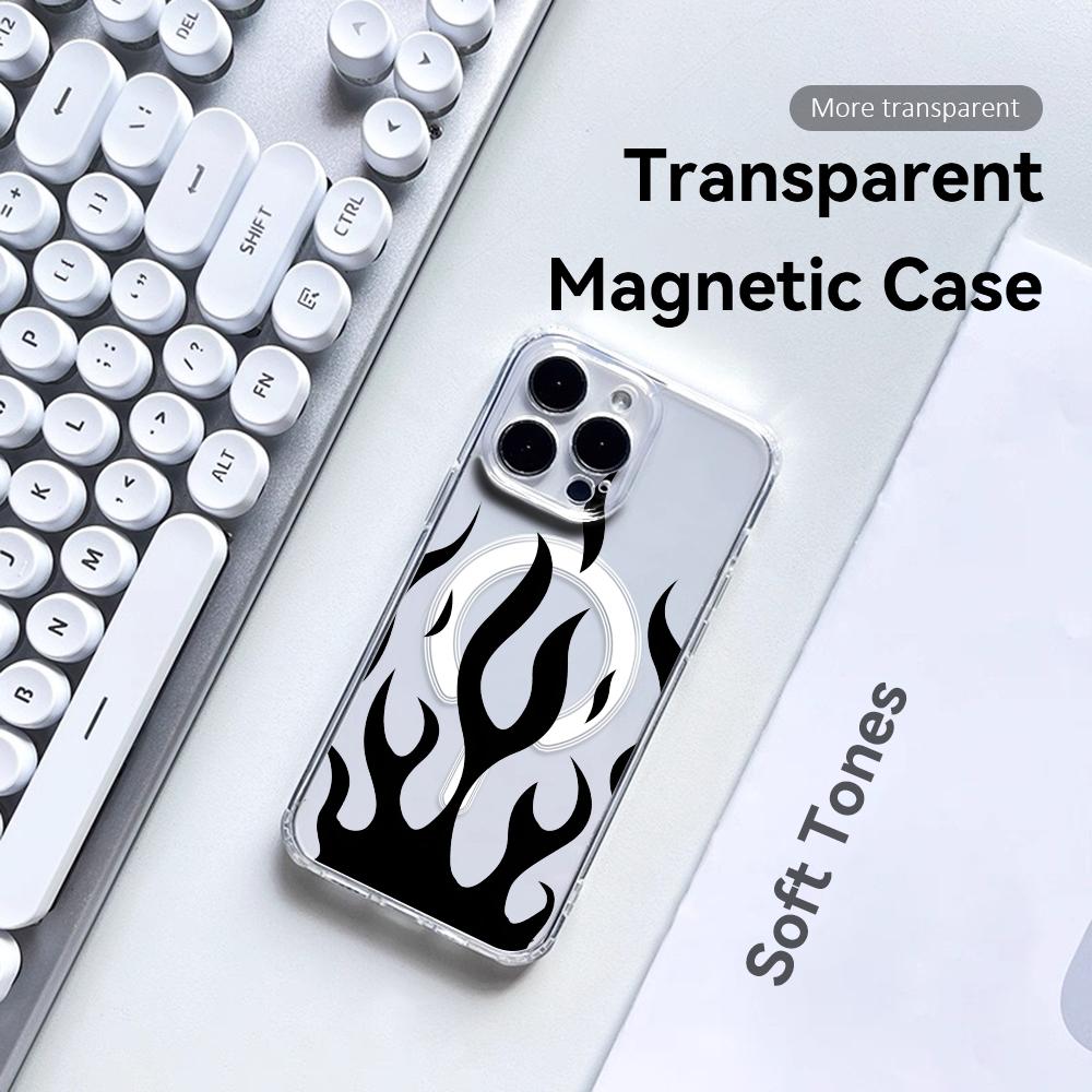 Black Flame Phone Case For iPhone 17 16 15 14 13 12 Pro Max Plus With Magnetic Crystal Clear Case Wireless Charge