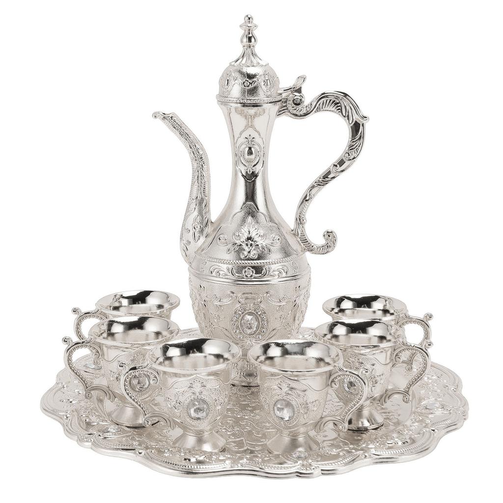 Alloy Wine Glass Pot Set Rustproof Exquisite Decorative Vintage Coffee Pot Set for Tea Home Party Wedding Silver White