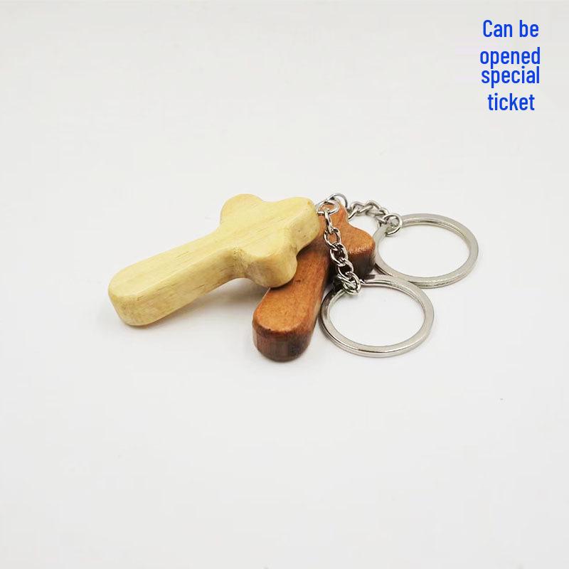 Handmade Pine Wood Cross Pendant Keychain