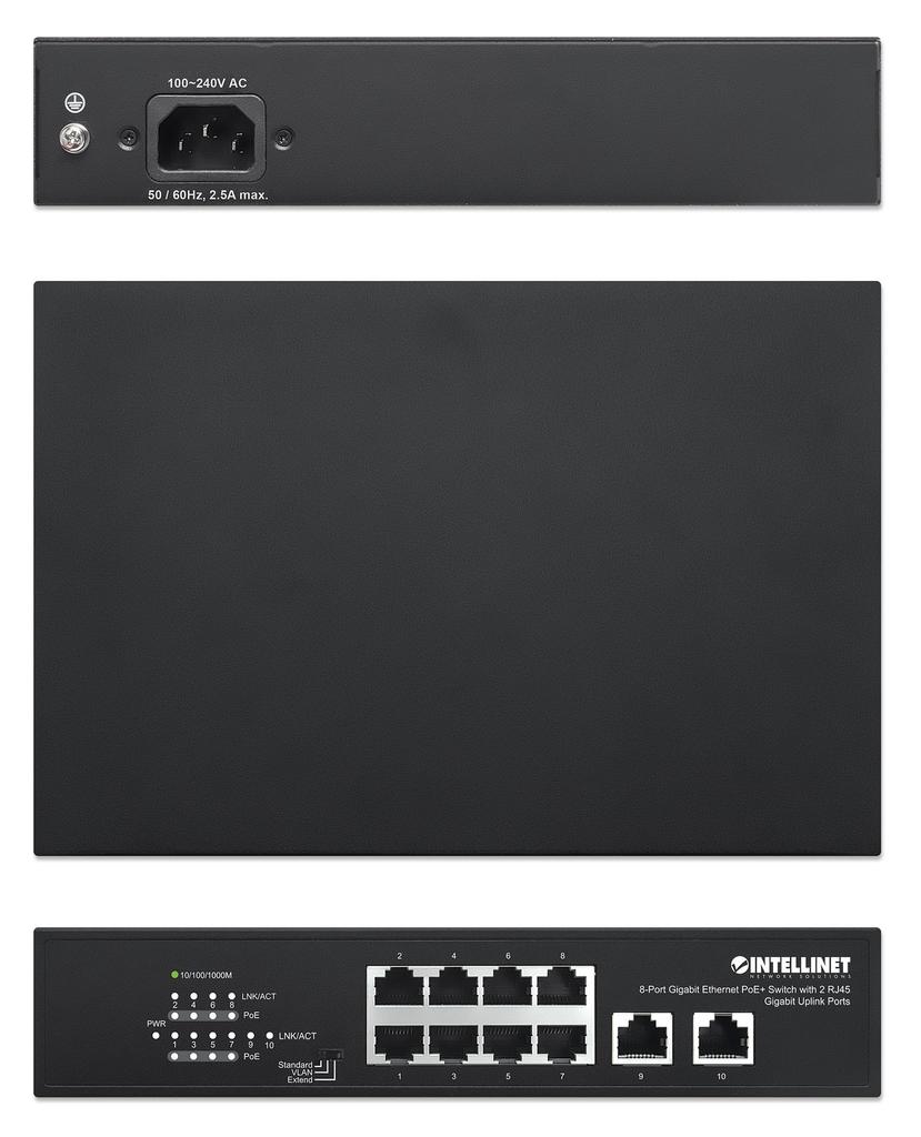 Intellinet Network Solutions Gigabit Ethernet Switch with 2 RJ45 Gigabit Uplink IEEE Power Over Ethernet 120 Desktop 8-Port PoE+ Ports, 802.3at/af