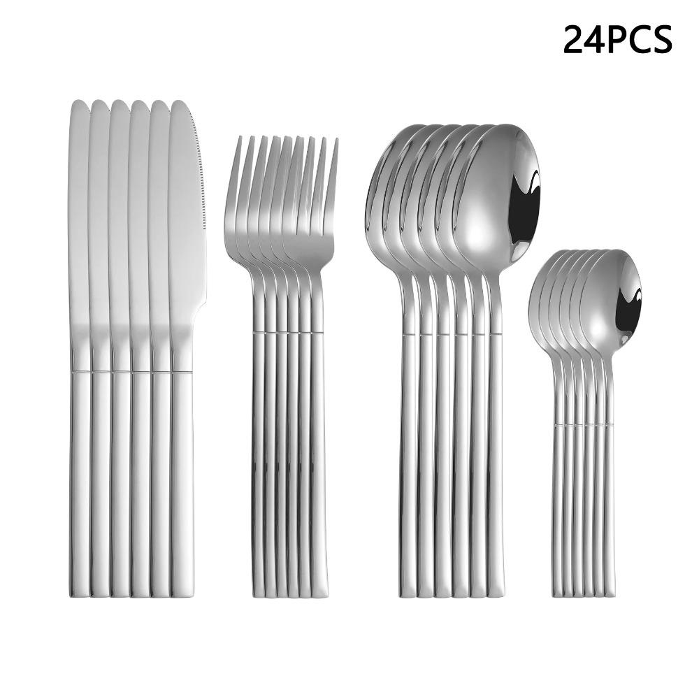 4/6/16/24 Silver Stainless Steel Tableware Set Steak Knife Dinner Fork Soup Spoon Dessert Spoon Suitable for Family Parties