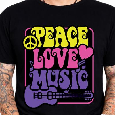 Peace Love Music Groovy 70s Hippie Bass Guitar Peace Sign Retro Graphic T-Shirt.