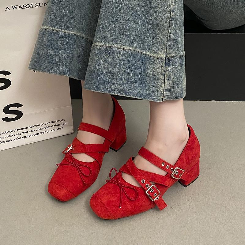 French Style Height-enhancing Silver Bow Design Thick-heeled Lizhen Shoes for Women  2025  New Spring Retro Ballet Pumps