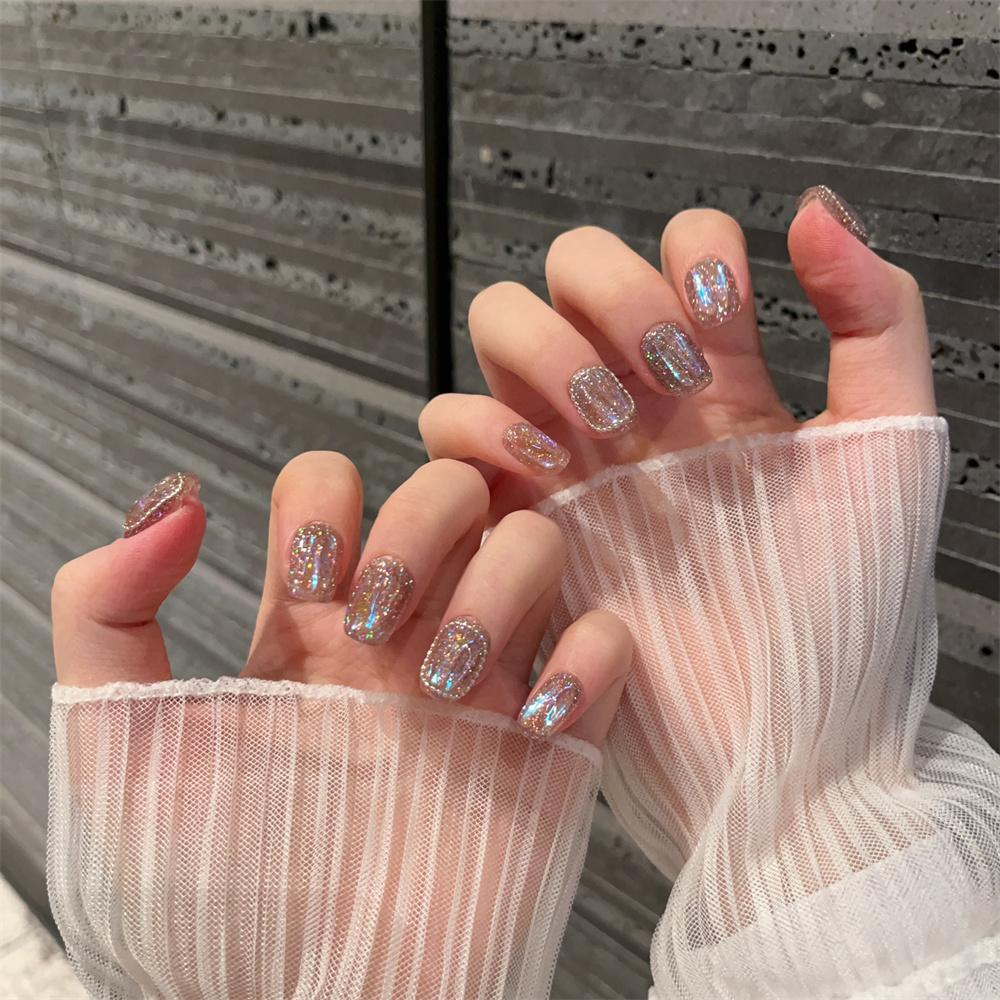 

Ослепительные голографические блестки на коротких круглых накладных ногтях, стильный квадратный нейл-арт XS:(14,10,11,10,8)mm