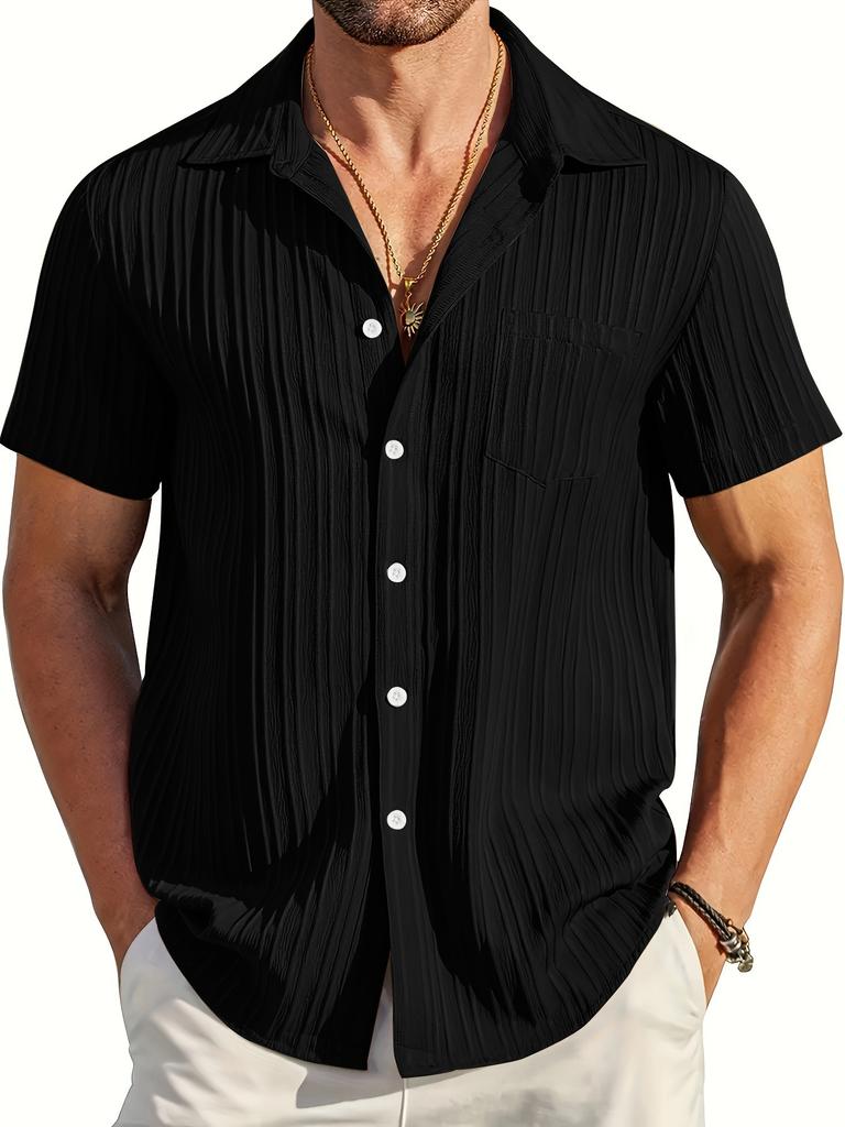 Men's Casual Button Down Shirts with Pocket Short Sleeve Textured Summer Holiday Beach Wedding Shirt