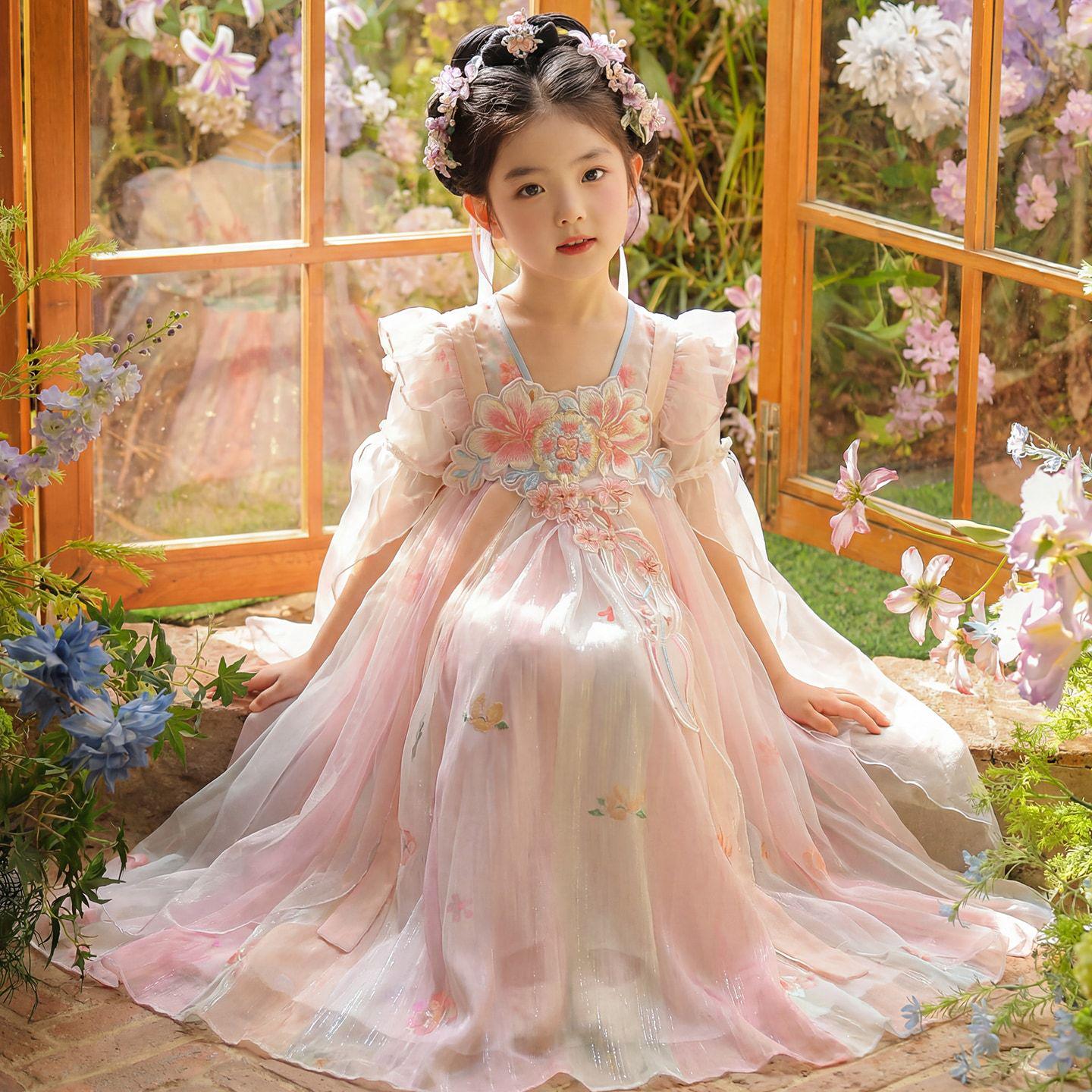 2026 Summer Hanfu: Girls  Fairy Ruqun Dress - Children s Traditional Chinese Tang Suit 130 розовый
