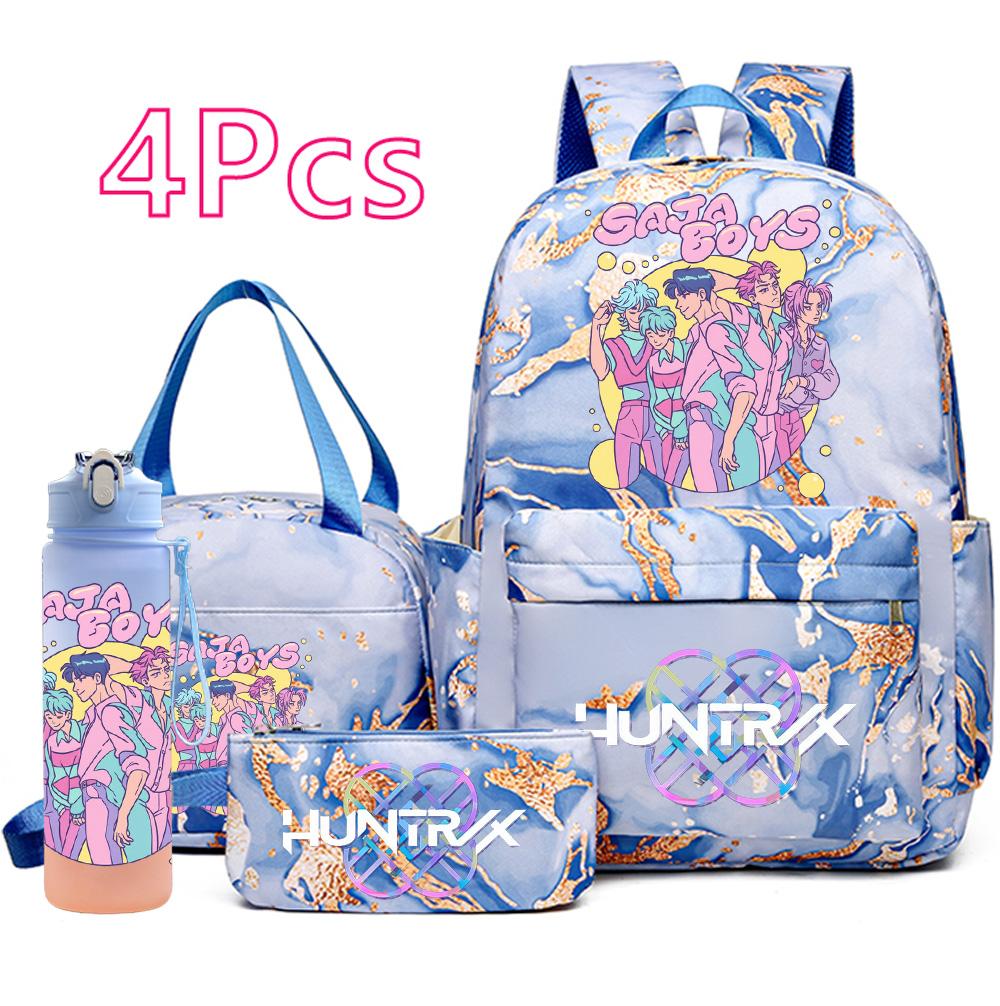 4 st/set K-Pop Tryckt Ryggsäck Handväska Pennfodral med 750 ml Vattenflaska för Tonårspojke Flicka Skolväska Student Stor Kapacitet Bokväska Barn Gåva
