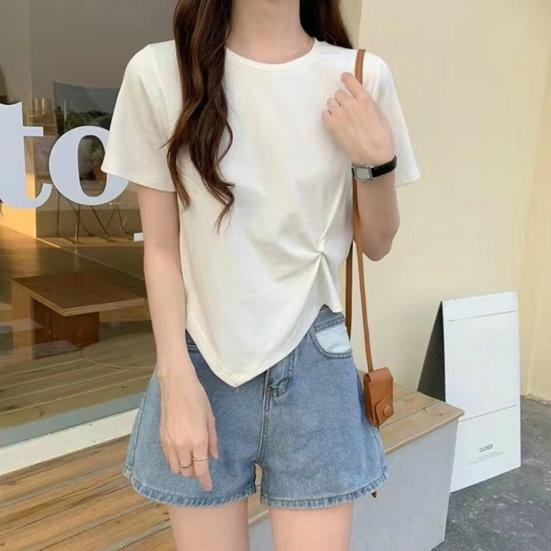 Frauen T-shirt Unregelmäßigen Saum Einfarbig Knoten Dekor Rundhals