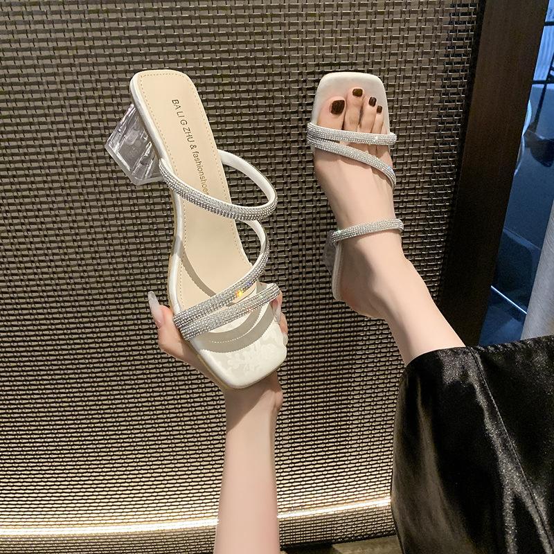 High-heeled rhinestone sandals girl 2025 spring new outer wear French transparent skirt crystal thick heel fairy slippers