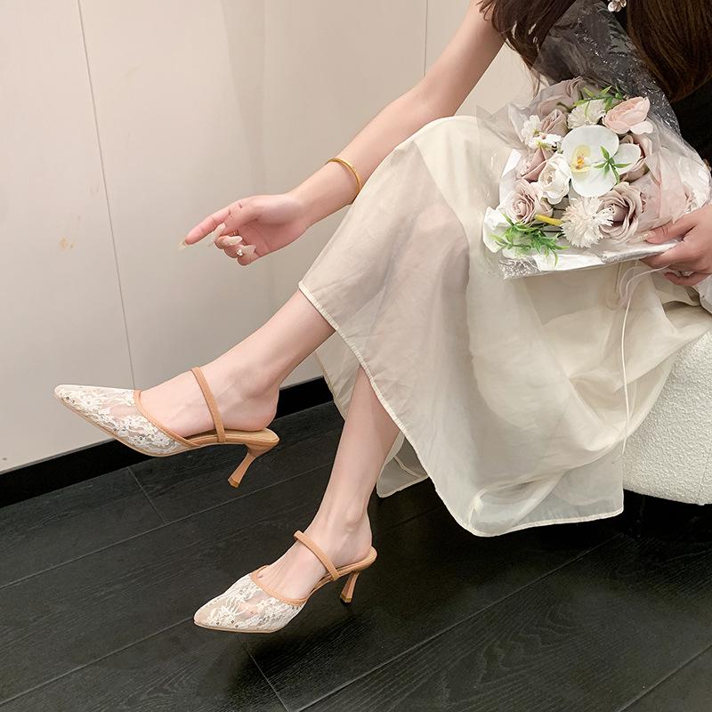Französische Feen-Netz-Spitz zulaufende Schnür-Stiletto-Sandalen für Damen - Sommer 2026 Edition