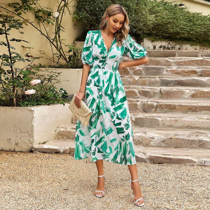Women's Long Dress2024 Summer Women's Clothing Temperament Waist-Controlled V Neck Print Short Sleeve Dress