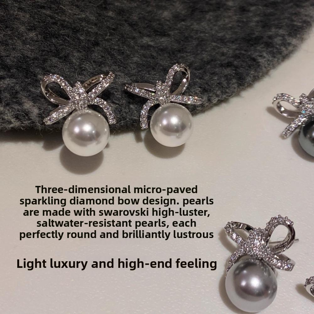 Seiko version earrings, silver needles full of diamonds, bow, Shijia pearl stud earrings, femininity, niche sense, fashionable and high-end earrings.