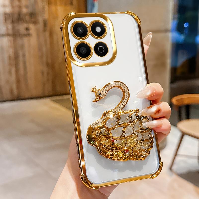 KEYSION Shockproof Plating TPU Phone Case for HONOR X7c Glitter Jewelled Swan kickstand Back Cover for Honor 200 Smart 5G