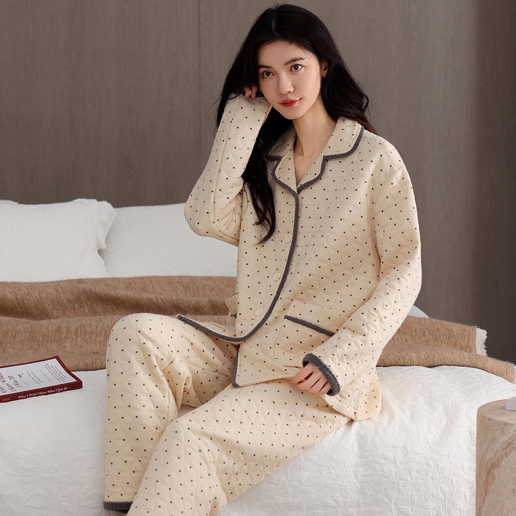 Pajamas Ladies Autumn And Winter Cotton Long Sleeve Sandwich Air Cotton Thickened Ladies Loungewear Set