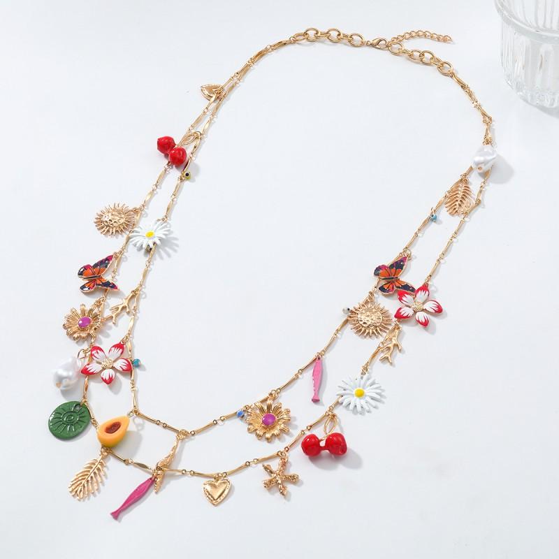 Womens Layered Zinc Alloy Pendant Necklace With Heart Floral Leaf Butterfly Cherry Motifs Drip Paint Finish 81cm Length